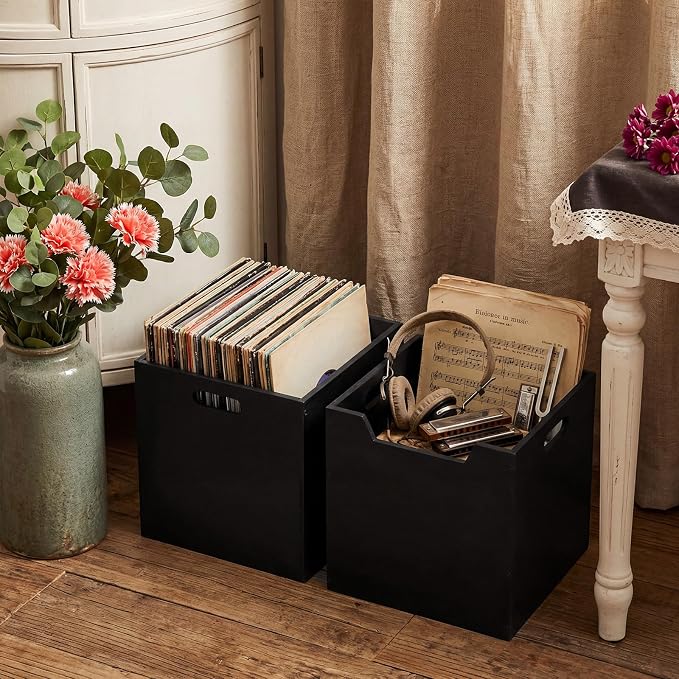 Colingmill 2 Pack Wooden Storage Box Bins Wood Crate with Open Front Stackable Cube Storage Organizer Bins for Books Records Home Pantry Clothes Toy Closet (13 Inch,Black)