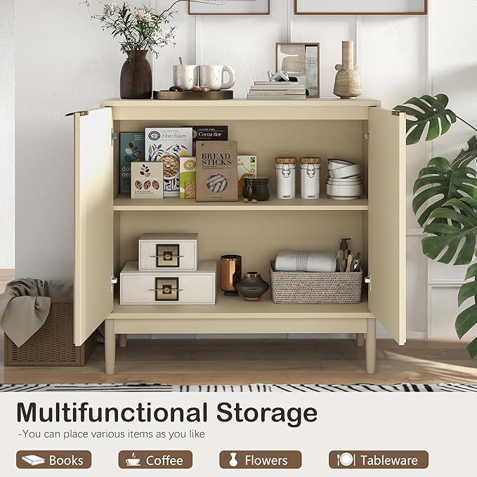 Fluted Sideboard with Storage, Buffet Cabinet Sideboard with Door, Kitchen Buffet Storage Accent Cabinets with Adjustable Shelves for Living Room, Entry, Hallway, Beige