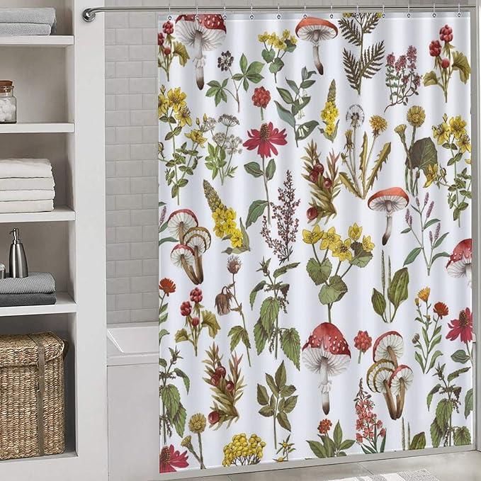 Mushroom Shower Curtain for Bathroom, Farmhouse Wildflower Botanical Mushroom Plants Leaf Sage Green Rustic Vintage Cottagecore Nature Waterproof Fabric Shower Curtain Set with Hooks, 72"x84" Inch