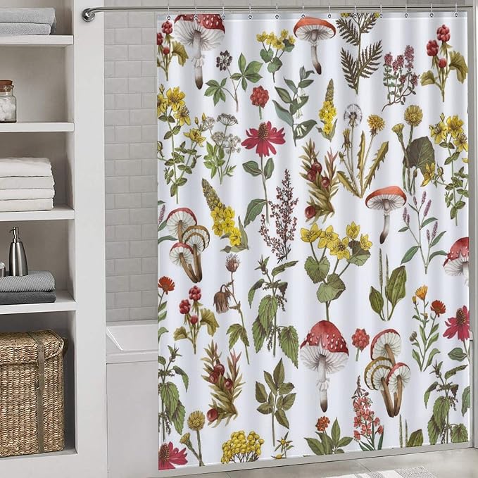 Mushroom Shower Curtain for Bathroom, Farmhouse Wildflower Botanical Mushroom Plants Leaf Sage Green Rustic Vintage Cottagecore Nature Waterproof Fabric Shower Curtain Set with Hooks, 72"x84" Inch