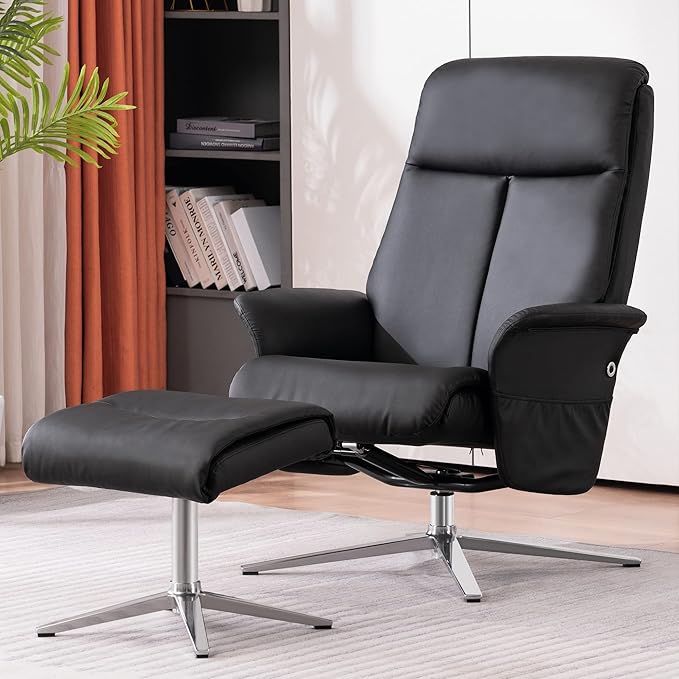 MCombo Swivel Recliner with Ottoman, Modern Heavy-Duty Aluminum Base, Faux Leather Lounge Chair for Small Space, Living Room, or Office 4603 (Black)