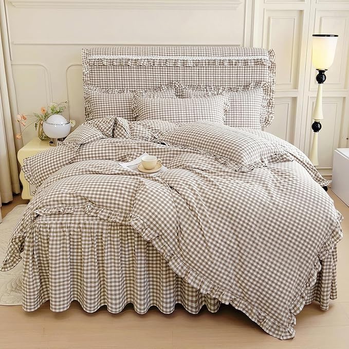mixinni Tan Gingham Ruffle Duvet Cover Twin Size 3 Pieces – 100% Washed Cotton, Vintage Plaid Ruffled Bedding Set with Zipper Ties, Soft Cream Checkered Grid Farmhouse Chic Comforter Cover Set