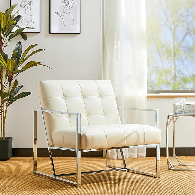 Glitzhome Mid Century Modern Accent Chairs Set of 2, Modern Living Room Chairs with Durable Metal Frame,PU Leather Cushioned, Reading Armchairs for Living Room, Bedroom, Home Office, Off White