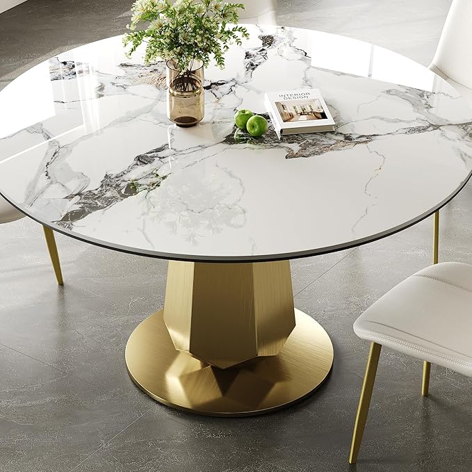 Montary 53 inch Luxury Round Dining Table Set with Sintered Stone Top & Gold Stainless Steel Base, Modern 9-Piece Kitchen Set for 4-8 People, Dining Table with 8 White PU Chairs, Easy Assembly