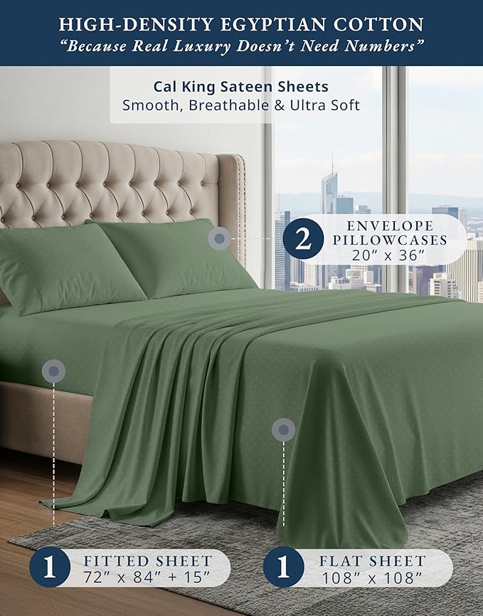 LANE LINEN 100% Egyptian Cotton Bed Sheets - Cal King 4-Piece Set, Long Staple Cotton, Luxury Hotel Quality, Fits Up to 16" Mattress, Swiss Dot - Iceberg Green