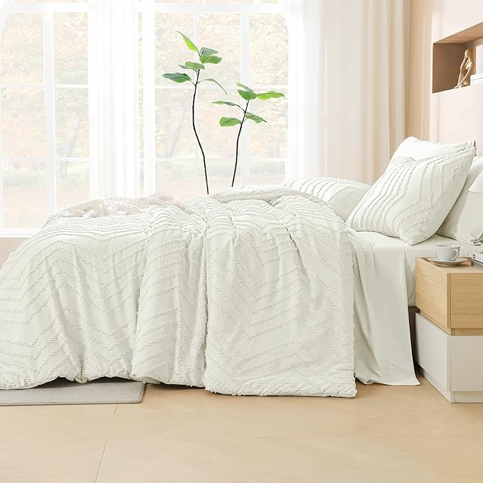 Litanika Oversized King Size Comforter Set with Sheets Ivory - 7 Pieces Bed in a Bag Oversized King Boho Tufted Complete Bedding Sets with Comforter, Sheets, Pillowcases & Shams