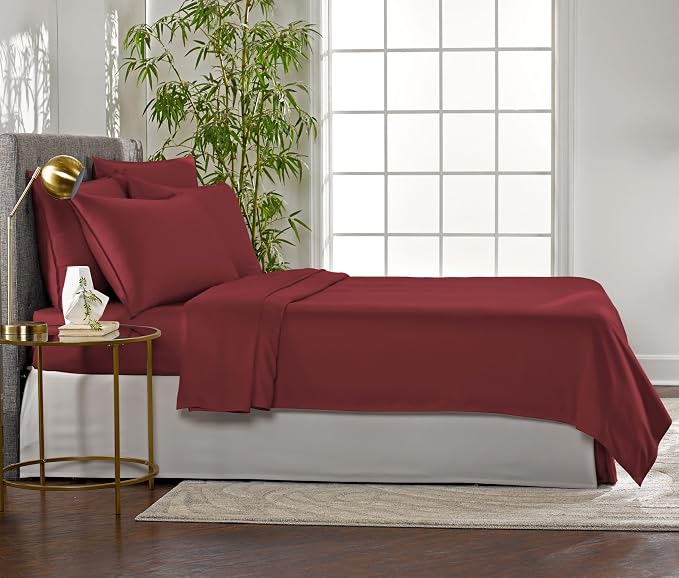 Pure Bamboo Queen Sheets, Genuine 100% Organic Viscose Derived from Bamboo Bed Sheet Set, Luxuriously Soft & Cooling, Double Stitching, 2 Year Quality Promise (Queen, Merlot)
