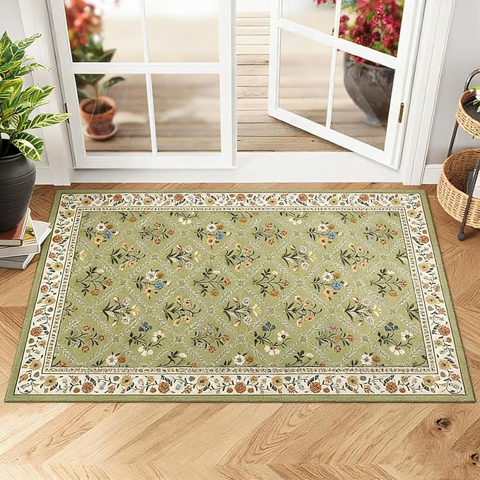 GarveeHome Floral Washable Entryway Rug Non-Slip 2x3 Front Door Mat Vintage Low-Pile Small Area Rugs Soft Non-Slip Indoor Stain Resistant Entry Mat for Entrance Bedroom Bathroom Green
