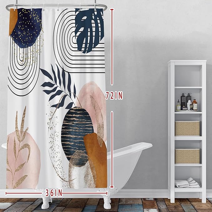 Baocicco Boho Shower Curtain Mid Century Navy Blue Gold Plant Leaves Modern Abstract Minimalist Shower Curtains Decorative for Bathroom Waterproof Fabric Shower Curtain with Hooks 36x72 Inches