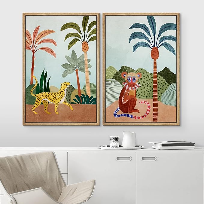 IDEA4WALL Framed Canvas Print Wall Art Set Wild Tropical Jungle Safari Cheetah & Monkey Nature Wilderness Digital Art Modern Art Decorative Animal for Living Room, Bedroom, Office - 24"x36"x2 Natural