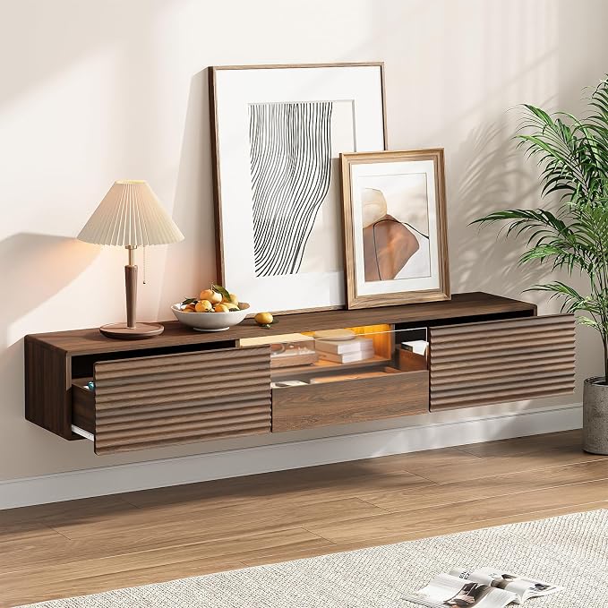 Maupvit 63" Floating TV Stand for TVs up to 75", Fluted Entertainment Center with Remote Control for LED Lights, Wall Mounted Shelf, Mid-Century Modern TV Console w/Glass Door for Living Room (Walnut)