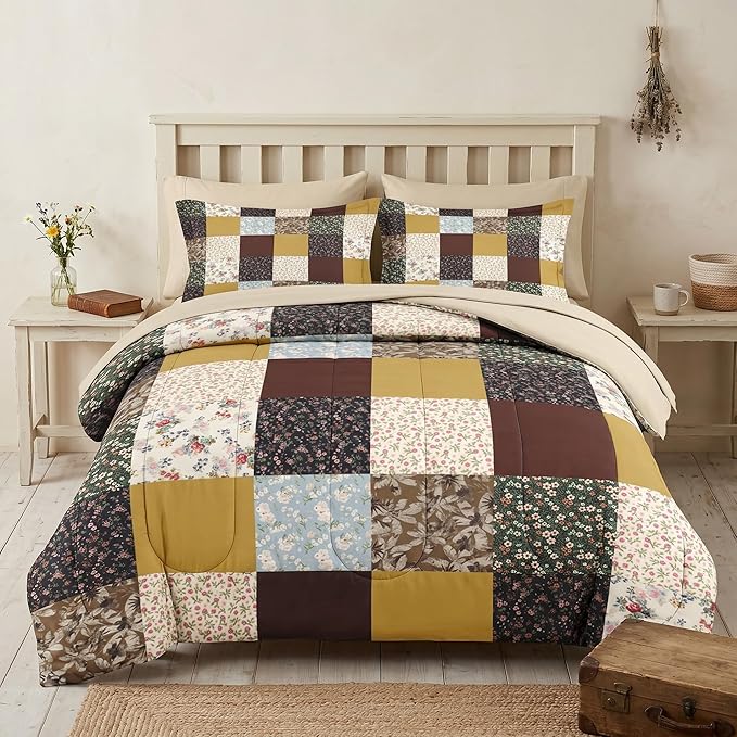 WeCozy 7 Pcs Queen Size Comforter Set with 2 Pillowcases & 2 Shams, Vintage Boho Floral Bedding for Kids and Adults, Blossom Flower Patchwork Bed in a Bag with Flat Fitted Sheet