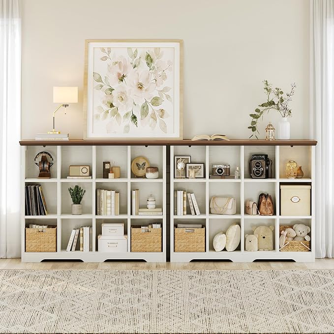 OffiGo 12 Cube Organizer Bookcase, Modern Farmhouse Open Shelf for Storage Bins & Decor, Display Bookshelf Console Closet for Living Room, Bedroom, Home Office, Walnut+White