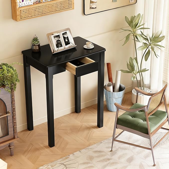 Solid Wood Desk with Drawers - 24 x 16 Inch Simple Narrow Desks, Rubber Wood Study Table, Small Writing Desk for Small Spaces|Bedroom - Modern Black Desks