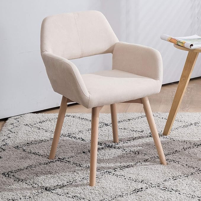 Desk Chair No Wheels Vanity Chair Comfy Accent Chair for Living Dining Room Bedroom Home Office Mid Century Modern Upholstered Armchair Sofa Chair (Beige, 1)