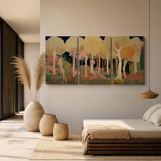 wall26 Canvas Print Wall Art Set Art Nouveau Golden Forest Whimsical Vintage Tree and FloralDecorative Minimal Relax/Zen for Living Room, Bedroom, Office - 16"x24" x 3