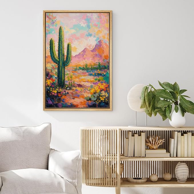 MUDECOR Framed Canvas Print Wall Art Colorful Desert Cactus Landscape Contemporary Illustrations Minimalism Decorative Bohemian Zen for Living Room, Bedroom, Office - 24"x36" NATURAL