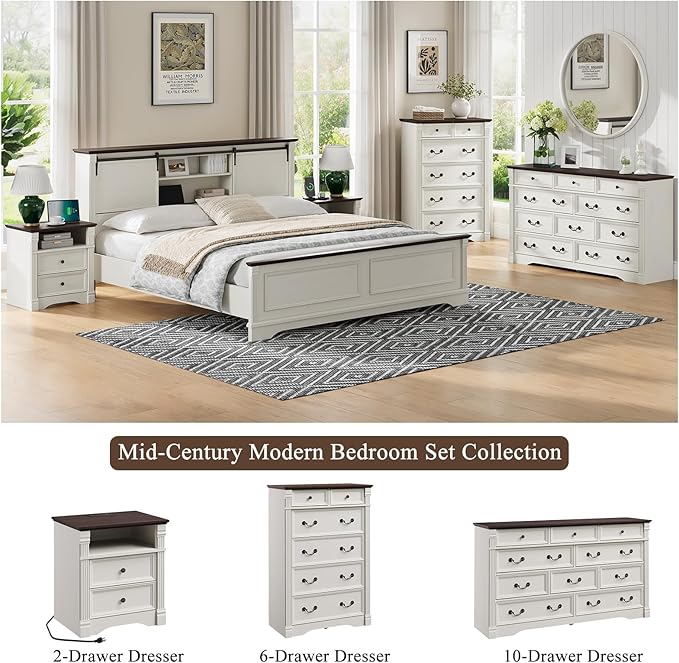 White Nightstand with Charging Station, Farmhouse Bedside Table & End Table with 2 Drawers and Chic Wood Pilasters Design, Side Table Storage Cabinet with Metal Handles for Bedroom, Living Room
