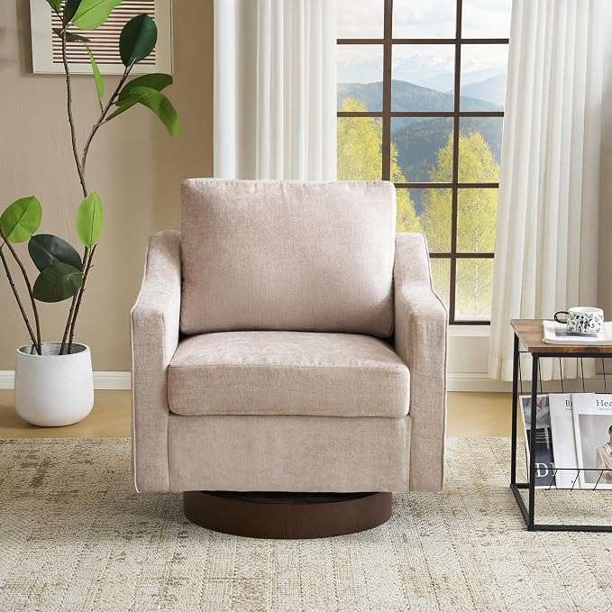 VINGLI Mid-Century Modern Swivel Accent Chair, 360°Upholstered Armchair, Home Sofa with Track Arms for Living Room, Bedroom, Reading Room, Club Swivel Chair, Chenille Khaki