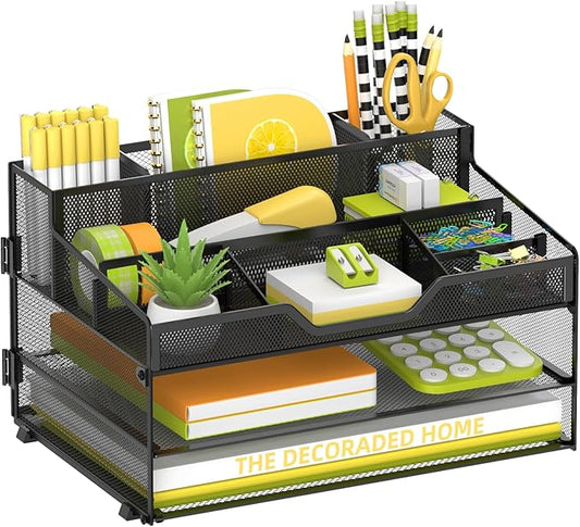 SUPEASY 3 Tier Desk Organizer, Mesh Letter Tray Paper Organizer with 5 Adjustable Storage Compartments & Pen Holder, Metal Desk Accessories for Home Office School, Black