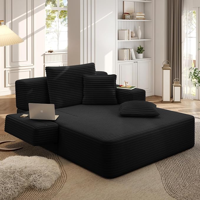 48.5" Oversized Chaise Lounge Chair Indoor, 3-in-1 Convertible Sleeper Sofa Bed, Plush Corduroy Boneless Chaise with 3 Pillows & Side Pockets, Adjustable Back/Armrest for Living Room -Black