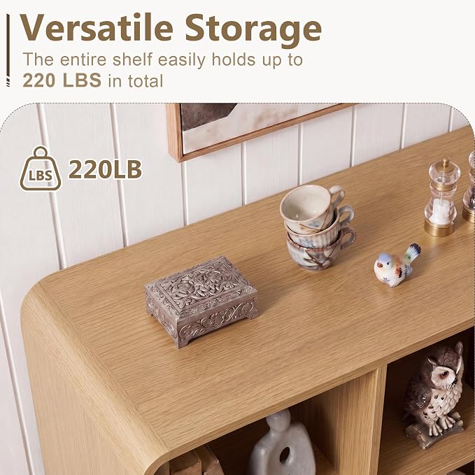 YOSHOOT 6 Cube Bookshelf - 35.4" Wood Cube Bookcase with Legs, Open Cubby Bookshelves with Curved Profile Design for Bedroom, Living Room,Home Office, Nature