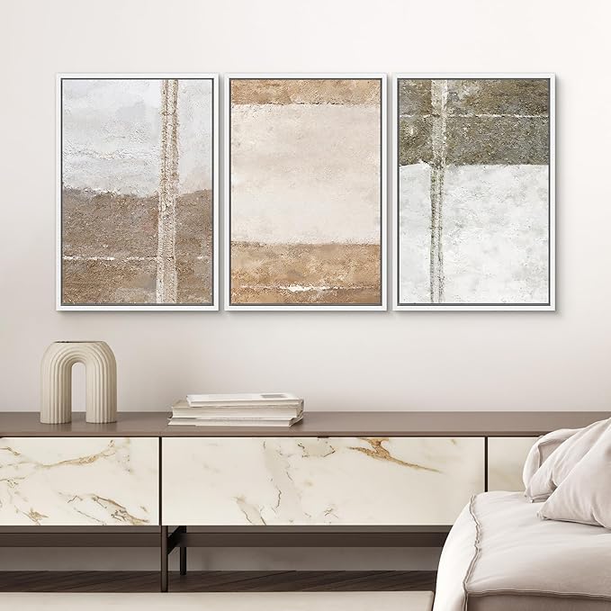 SIGNWIN Framed Canvas Print Wall Art Set Grunge Gray Brown Pastel Landscape Abstract Shapes Illustrations Modern Geometric Mid-Century for Living Room, Bedroom, Office - 16"x24"x3 White