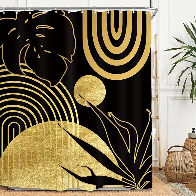 Miyotaa Abstract Black Gold Minimalist Shower Curtain Set 60Wx71H Inches Modern Aesthetic Mid Century Leaves Contemporary Neutral Plant Waterproof Bathroom Curtain with 12 Hooks