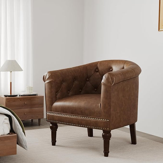 Accent Chair, Upholstered Faux Leather Barrel Chair with Nailed Trim, Comfy Club Armchair for Reading Living Room Bedroom Waiting Room (Rust, Set of 1)