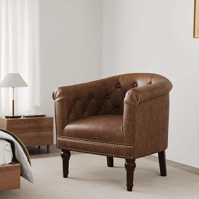 Accent Chair, Upholstered Faux Leather Barrel Chair with Nailed Trim, Comfy Club Armchair for Reading Living Room Bedroom Waiting Room (Rust, Set of 4)