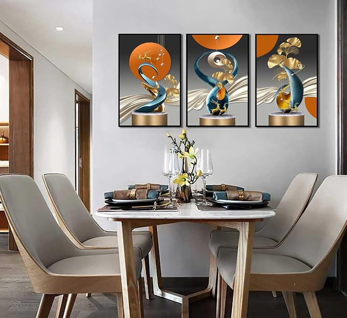 3 Pcs Bright Style Canvas wall Art Golden Deer Luxury Foil Lines Paintings Pictures Modern Abstract White Blue orange color Grey Posters Prints for Living Room Bedroom Office Home Wall Decor Unframed
