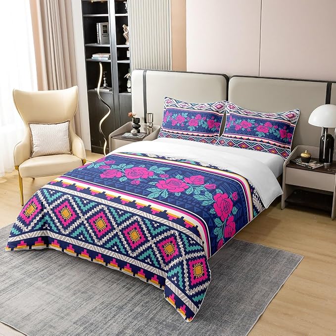 100% Cotton Roses Duvet Cover Full Ethnic Bedding Set Boho Purple Floral Comforter Cover Geometric Tribal Country Flowers Aztec Bedroom Decor Romantic Geometric Bohemian Quilt Cover for Women Girls