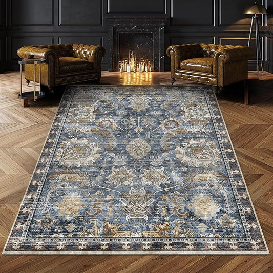RUGSURE Washable Area Rugs - Perfect for Living Room, Bedroom, Kids Room, Nursery - Stain & Water Resistant Non-Slip, Pet & Child Friendly, Vintage Tribal Area Rugs (Navy, 4' x 6')
