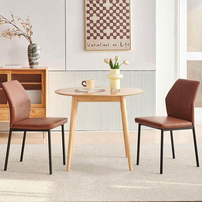 3-Piece Dining Table Set, Round Breakfast Dinner Table with Solid Wood Veneer Tabletop, Compact Table & Chairs, Brown