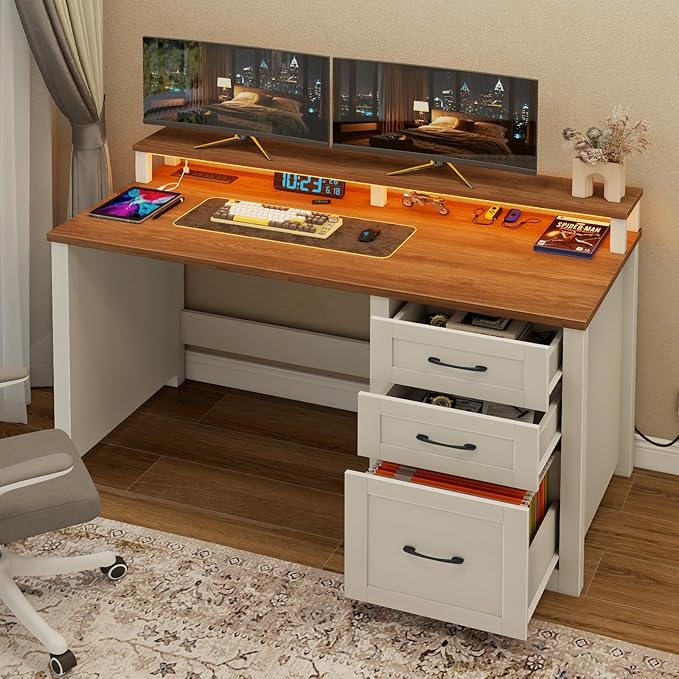 Vabches 47" Farmhouse Executive Desk with Monitor Stand & File Cabinet,3 Drawers Computer Desk with LED Lights and Power Outlets,Workstation for Home Office, Study,Writing.（Unique White）
