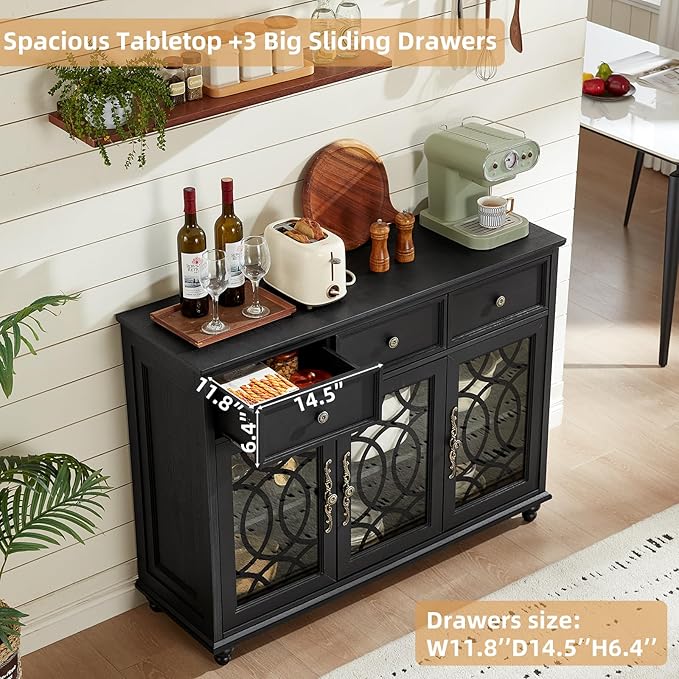 Large Sideboard Buffet Cabinet with Storage,48" Credenza with 3 Glass Doors & 3 Drawers,Adjustable Shelves Coffee Bar,Wood Kitchen Console Table for Dining Room,Living Room,Black