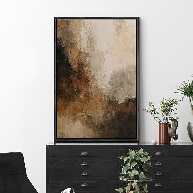 MUDECOR Framed Canvas Print Wall Art Rustic Brown Neutral Abstract Contemporary Minimalist Illustrations Fine Art Decorative Zen Multicolor Country/Farmhouse Retro for Bedroom - 24"x36" BLACK