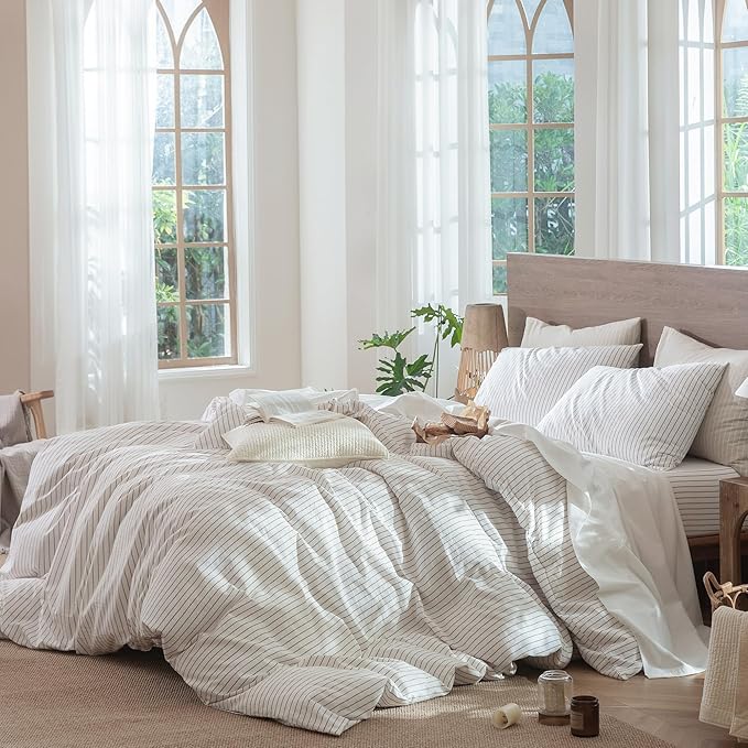 MooMee Striped Duvet Cover Set 100% Washed Cotton Linen Like Textured Breathable Durable Soft Comfy (White Orange Wide Stripes, Twin 68"x90")