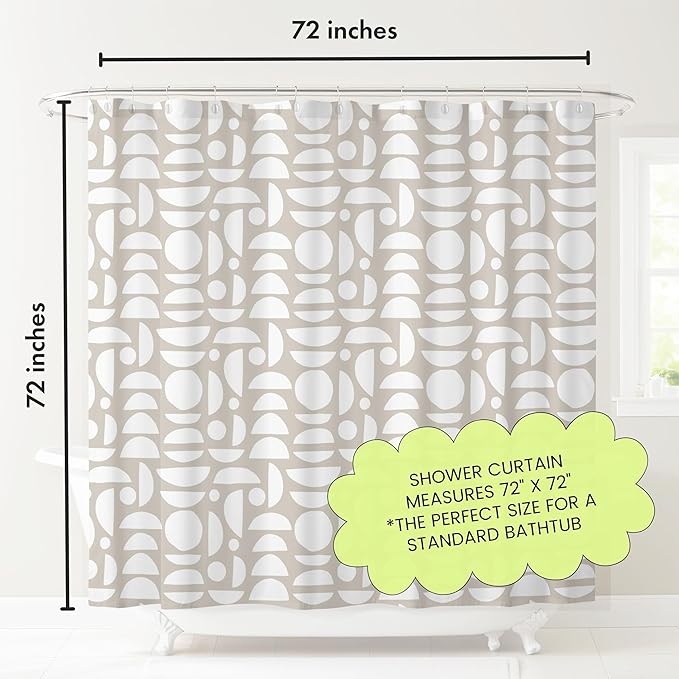 Beige White Abstract Print Shower Curtain - Boho Pattern - Modern Minimalist Home Decor - Neutral Scandi Style Fabric Shower Curtain For Any Bathroom - 72x72 Inches (Neutral Half Circle)