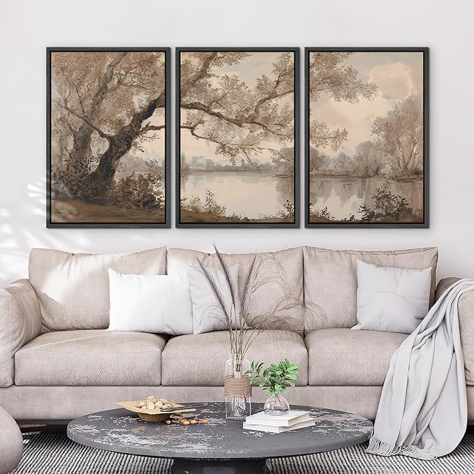 wall26 Framed Print Wall Art Set Sepia Watercolor Lakeside Tree Landscape Decorative Minimal Relax/Zen for Living Room, Bedroom, Office - 16"x24"x3 BLACK