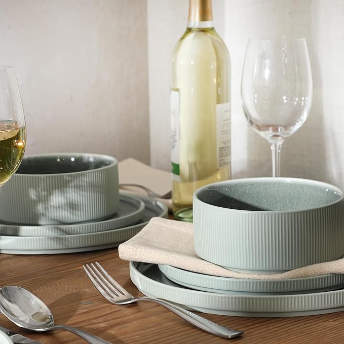 Gibson Elite Redrock Canyon 12-Piece New Bone China Dinnerware Set Service for 4, Reactive Glaze Plates and Bowls, Dishwasher and Microwave Safe, Sage Green