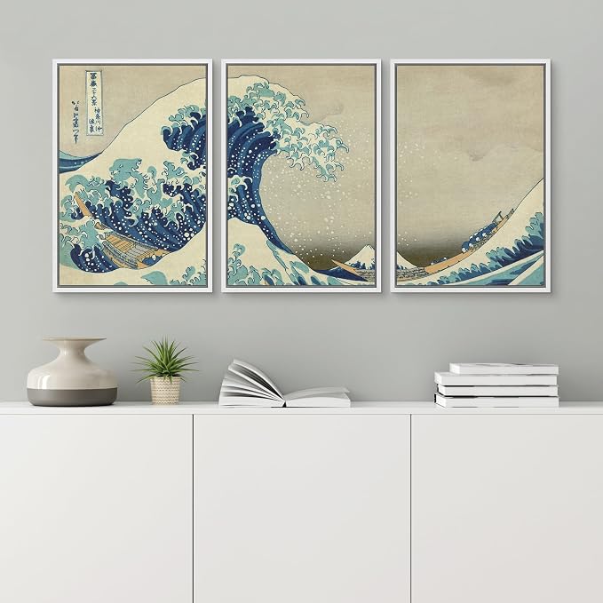 wall26 Framed Canvas Print Wall Art Set The Great Wave Off Kanagawa by Hokusai Cultural Historic Oil Painting Fine Art Reproduction Scenic Colorful for Living Room, Bedroom, Office - 24"x36"x3 White