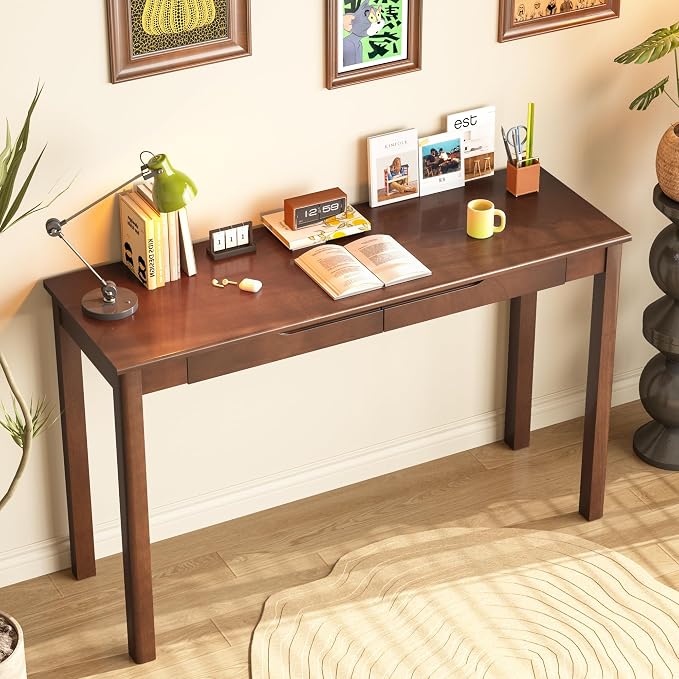 100% Solid Wooden Desk with Drawers - 47 x 16 Inch Mid Century Narrow Desk, Vintage Writing Desks with Drawers, Simple Work Study Table, Small Desks for Small Spaces, Walnut Color
