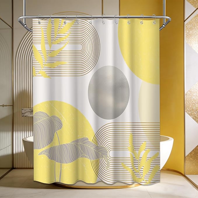 Mustard Yellow and Grey Shower Curtain Light Yellow and Gray White Shower Curtains for Bathroom Decor Abstract MCM Bath Curtain Set, Waterproof Fabric with Hooks 60 x 72 Inch