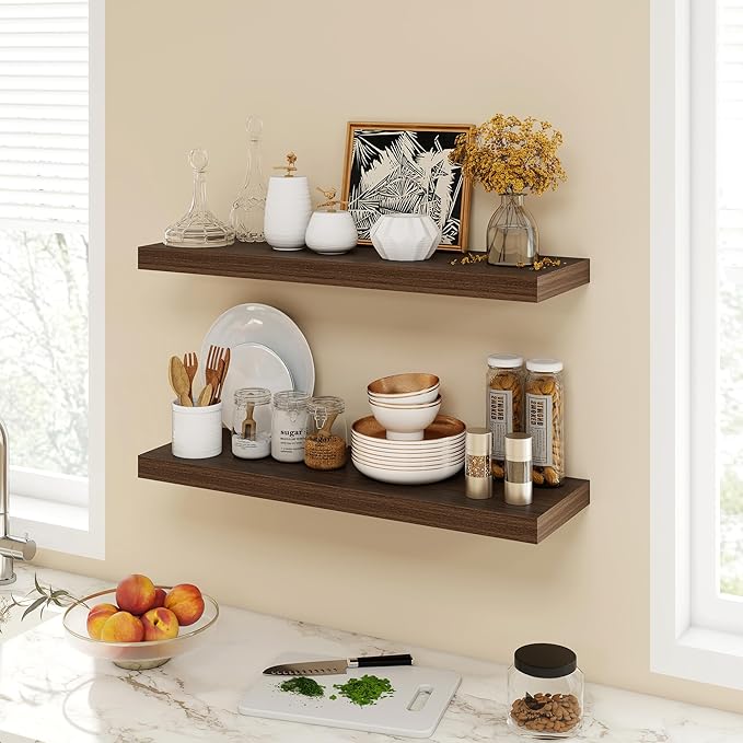 30 Inch Floating Shelves, 9.3" Deep Floating Shelf Wall Mounted, 30" Wall Shelves, Rustic Deep Bookshelf, Large Display Shelves & Storage Shelves for Bedroom, Living Room, Walnut, Set of 2
