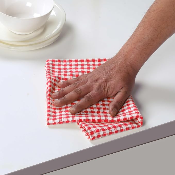 Red Kitchen Dish Towels Gingham Check, 4 Pack, 16x26 Inches, Absorbent & Durable, Washable, Hand Tea Towels with Hanging Loop - Ideal for Drying Dishes, Cooking, Cleaning, Red