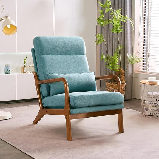 Karl home Accent Chair Mid-Century Modern Chair with Pillow High Back Linen Fabric Upholstered Lounge Arm Chair with Solid Wood Frame & Soft Cushion for Living Room, Bedroom, Balcony, Teal