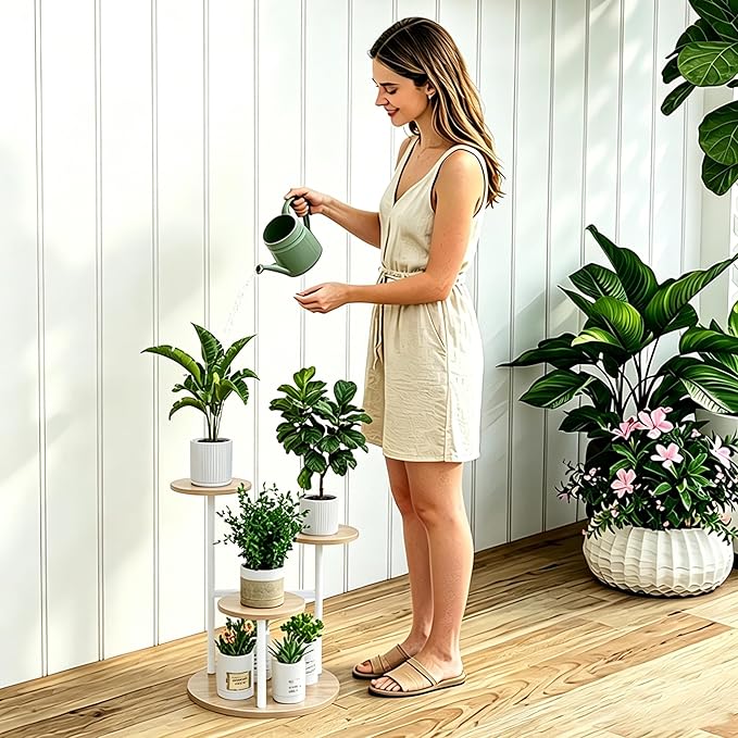 INGIORDAR Plant Stand Indoor Outdoor Corner Plant Shelf for Multiple Flower Pots Flower Stand Holder for Patio Garden Balcony Living Room (White+Sonoma Oak, 4 Tier)