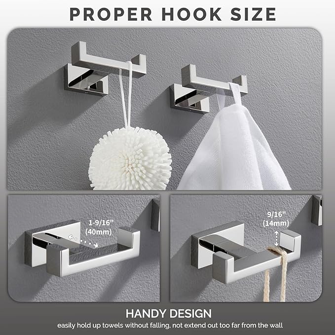 Angle Simple Double Towel Hooks, SUS 304 Stainless Steel Robe Coat Wall Hooks for Bathroom, Polished Chrome, 2 Pack
