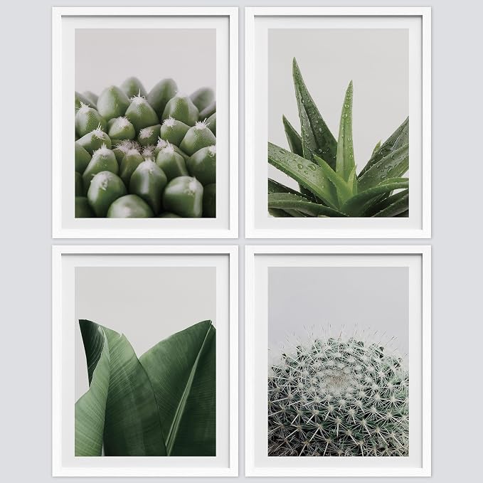 SIGNWIN Framed Tropical Island Wall Art, Set of 4 Green Desert Plant Cactus Snake Plant Wall Decor Prints, Nature Wilderness Wall Décor for Living Room, Bedroom - 8"x10" White